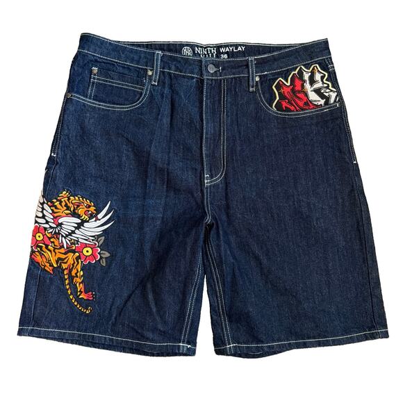 Ninth Hall Other - Ninth Hall Waylay Denim Shorts Men 36 Tiger Rose Embroidery Jorts Y2K Streetwear
